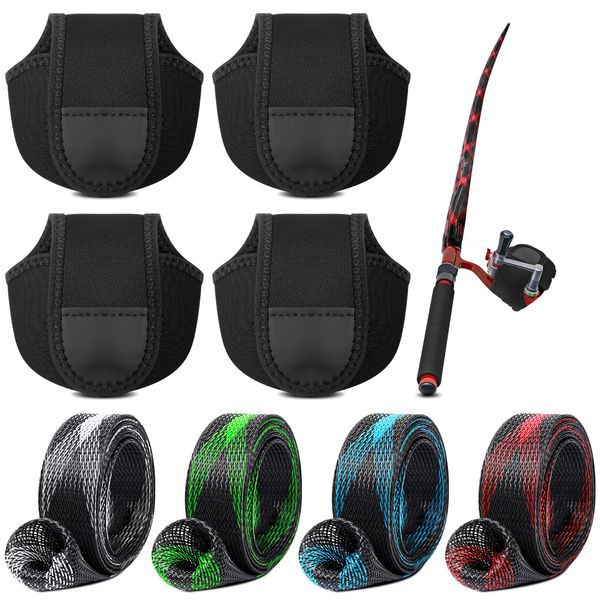 8 Pack Fishing Rod Sleeves and Reel Bags Casting Rod Socks Reel Cover Protective Fishing Reel Case Braided Mesh Rod Protector Reel Pouch for Bait Casting Sea Fly Ice Fishing