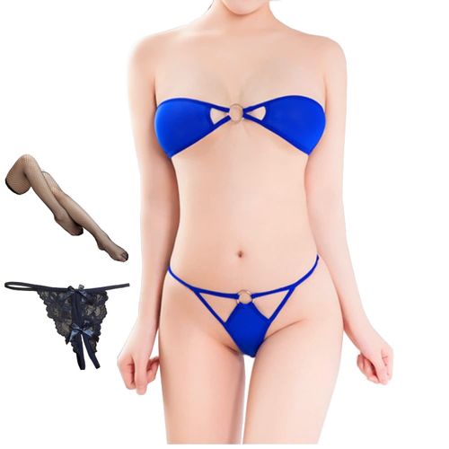 OLYOLY (4-piece set) OL's Extreme Underwear, Micro Bikini, Brazilian Sexy Lingerie, Cosplay, Swimsuit, Wet See-through, Thong, Knee-High, 06 pink
