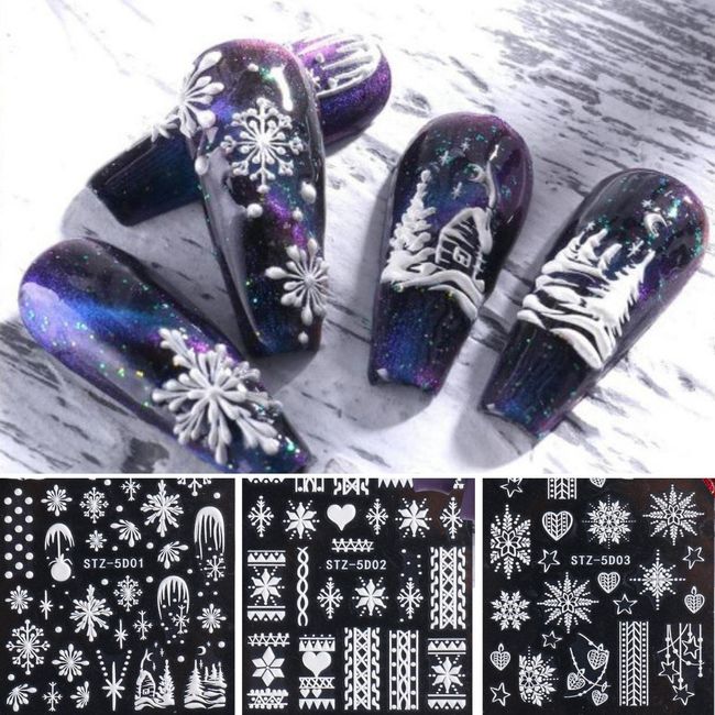 COLORBIRD STZ-5D01-3 Nail Sticker, Christmas Snowflake, Cute, Snowflakes, Snowflakes, V-Shaped, 3D