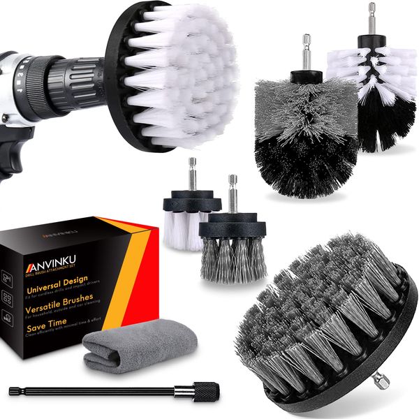 ANVINKU Drill Brush Set, 8 Pcs Drill Brushes for Cleaning with Extended Attachment & Towel, Electric Cleaning Brush for Drill, Versatile Power Scrubber Brush for Cleaning Car, Carpet, Kitchen, Toilet