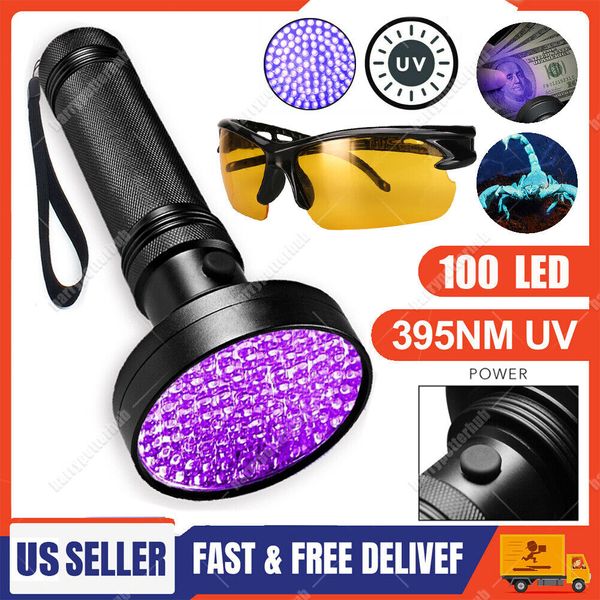 UV Torch 100 LED Ultraviolet Blacklight Flashlight Pet Urine Detection & Glasses