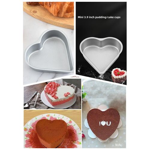 XZJMY 6Pcs Mini Heart Shaped Cake Pan,Carbon Steel Popover Pan,Flan Molds 3.9 Inch Baking Tin,Nonstick for Valentine's Day Wedding Parties (Silver)