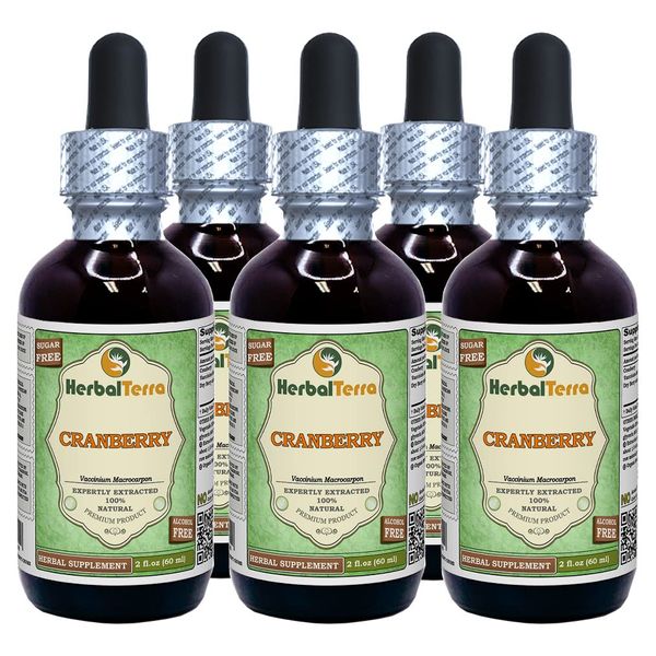 Cranberry (Vaccinium Macrocarpon) Glycerite, Organic Dried Berries Alcohol-FREE Liquid Extract (Brand name: HerbalTerra, Proudly made in USA) 5x2 fl.oz (5x60 ml)