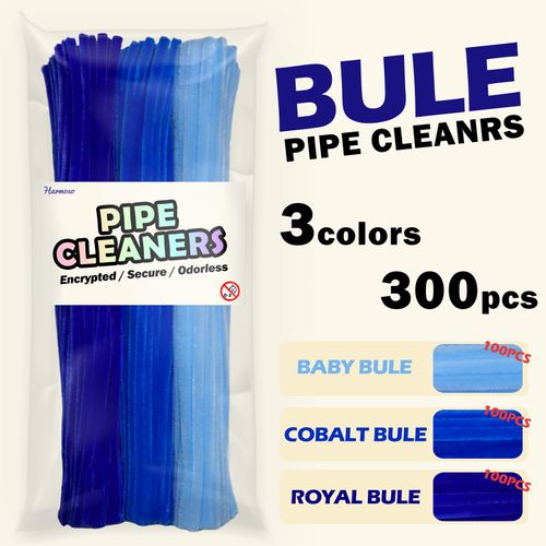 Harmoso Blue Color Trio Pipe Cleaner Set - 300pcs, Thick Fluffy Chenille Stems for Arts & Crafts, Perfect for Making Animals, Flowers, and Festive Decorations(12 inches x 0.24 inches)