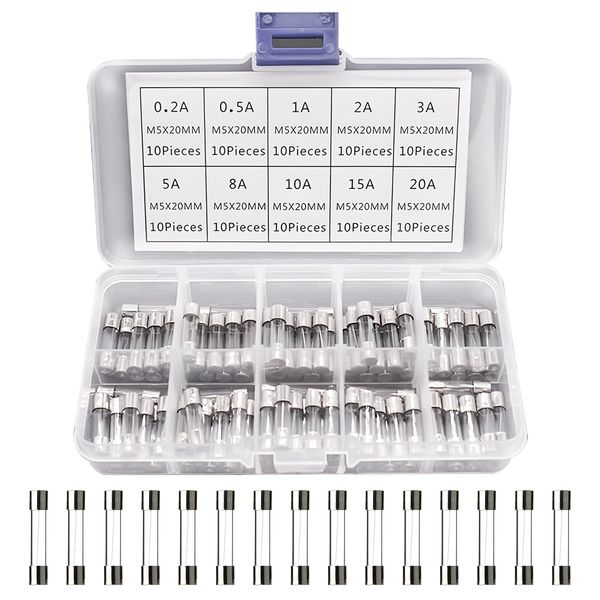 FUSHUI Glass Tube Fuses, Electrical Fuses, Tube Fuse Set, Set of 100, 0.2 x 0.8 inches (5 x 20 mm), Quick Blow Glass Tube Fuses, Wire Protection, 0.2/0.5/1/2/3/5/8/10/15/20A, Pack of 10 Each