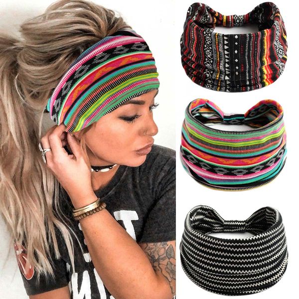 Bufenia Boho Breite Stirnbänder für Frauen Knoted Stirnband Turban Haarband Elastic Yoga Hair Scarf Flower Headwrap,Pack of 3 (A Boho)