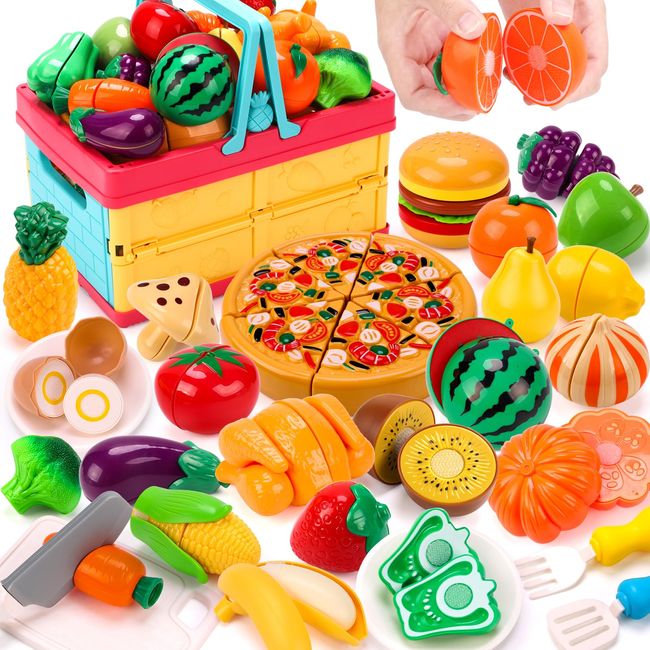 REMOKING Pretend Play Set, For Girls, Boys, Babies, Educational Toys, Vegetables, Fruits, Tableware, Storage Basket, Kitchen Toy, Pretend Play, Food, Cut, Birthday Gift, Christmas Gift, Kindergarten,