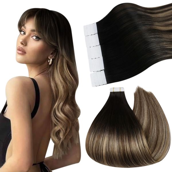 Ugeat Tape Extensions Echthaar Balayage Echthaar Extensions Tape Schwarz Balayage Braun Blond Invisible Tape in Extensions Echthaar Tape Haarverlängerung Echthaar Remy 45cm 50g