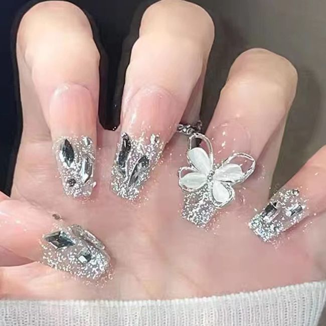 Press On Nails, Acrylic Handmade Stick on Nails, 24pcs 3D Butterfly False Nails with Glue Long Coffin Shape Luxury Design Fake Nails for Women Girls on Wedding Parties (3D Butterfly)