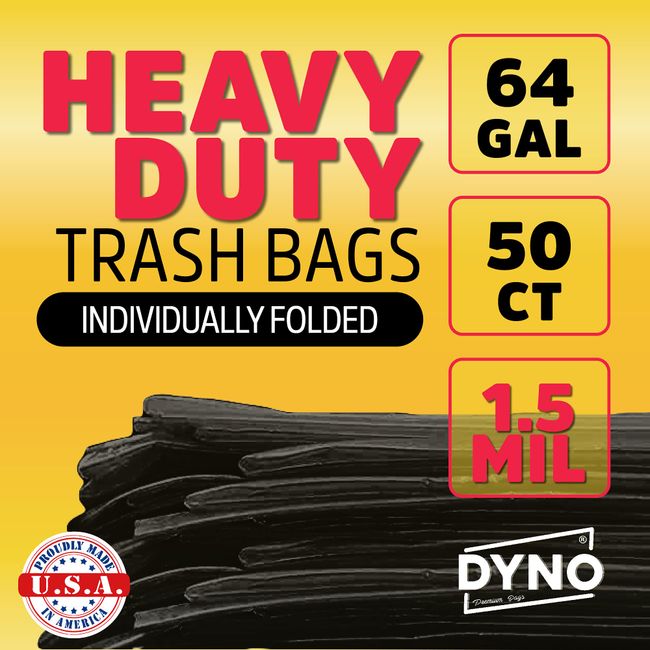 Dyno Products Online 64-Gallon, 1.2 Mil Thick Heavy-Duty Black Trash Bags -  50 Count Extra Large Plastic Garbage Liners Fit Huge Cans for Home Garden