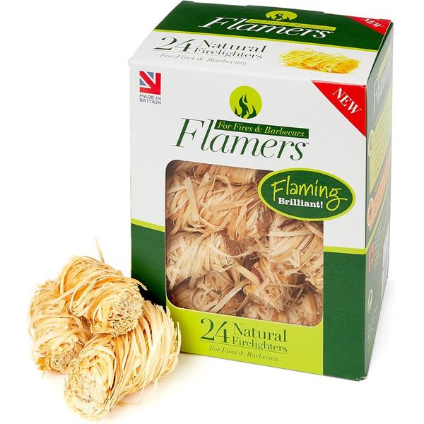 Flamers Firelighters - 24 Units Natural Fire Lighters for Wood Burner Firepit Bbq Pizza Oven Fireplace Chimenea Barbecue Fire Starter - Firestarter for Kiln Dried Kindling Log Coal Charcoal Briquette