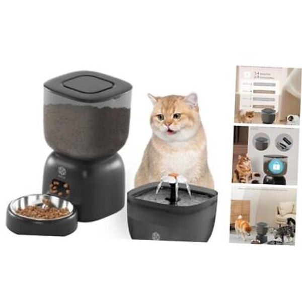 Automatic Cat Feeder and Water Dispenser Set with Pet Food Bowl Timer, Black