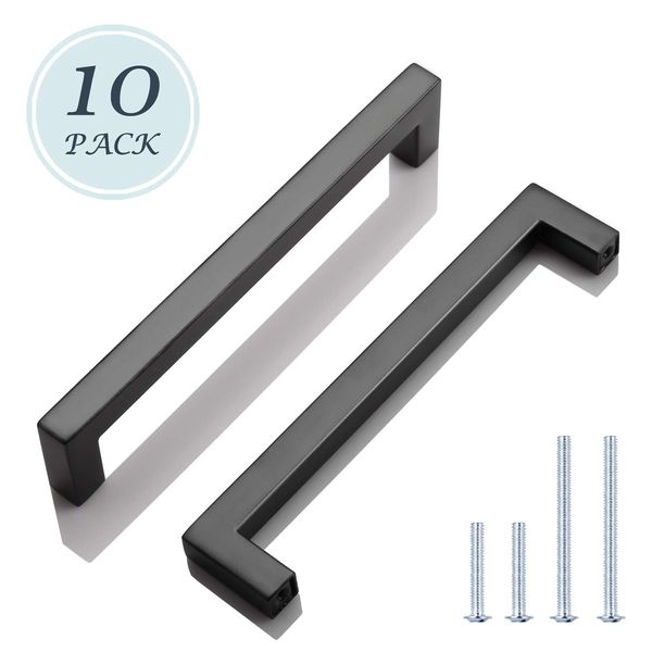 KNOBWELL 10 Pack Stainless Steel Kitchen Cabinet Handles Matte Black Cabinet Pulls Square T Bar Cupboard Door Handles, 6-3/10in Hole Spacing, Bathroom Cabinet Handles