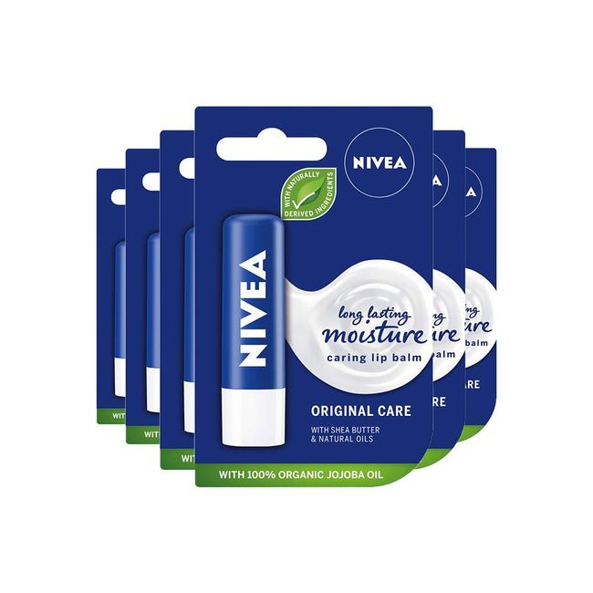 NIVEA Lip Balm Original Care Pack of 6 (6 x 4.8g) Protective Lip Moisturiser with Shea Butter and Natural Oils, Caring Lip Balm for 24h Moisture Care, Lip Care with Melt-In Formula