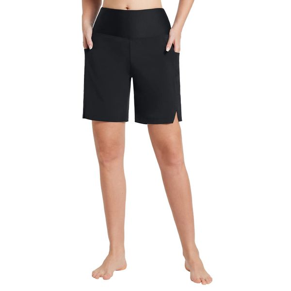 BALEAF Badeshorts Damen Lang Knielang Schnelltrocknend Badehose UV Schutz UPF 50+ Schwimmhose Hohe Taille Boardshorts mit Innenslip und Taschen Schwarz 3XL