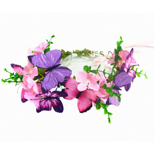 Pink Flowers and Butterflies Flower Girls Headband Hair Wreath Floral Garland Crown Headpiece