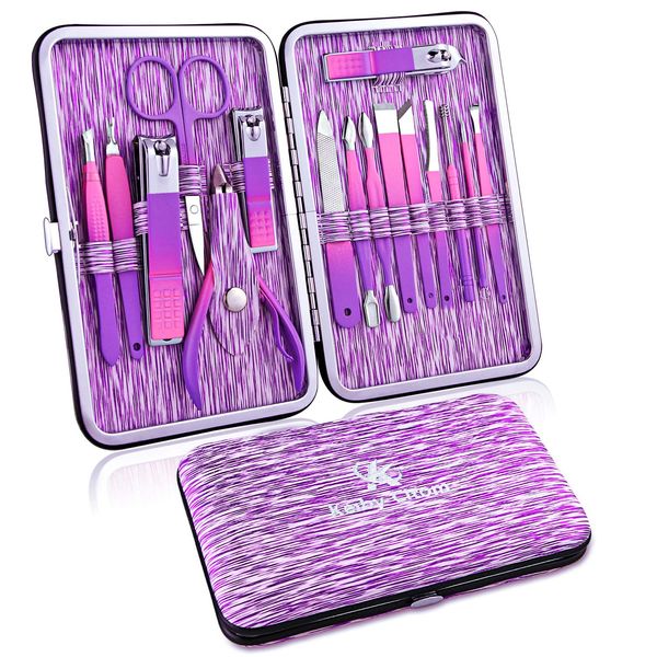 Manicure Set Professional Nail Clippers Kit -16Pcs Pedicure Care Tools Stainless Steel Women Grooming Kit for Travel or Home (Purple)