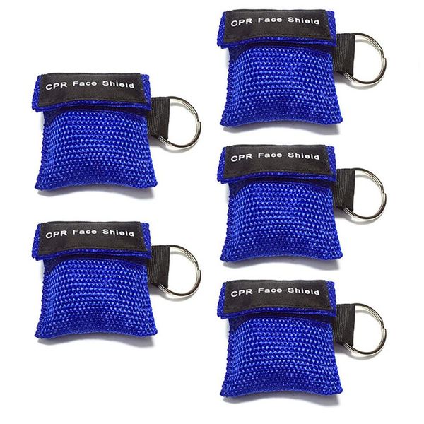 5Pcs CPR Mask, Rescue Face Shields with One-Way Valve Breathing Barrier and Keychain Ring for First Aid or AED Training (Blue)