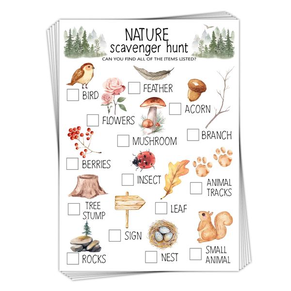 bxtala 30 Pcs Nature Scavenger Hunt Cards, Find and Seek Camping Sheets, Woodland Themed Holiday Party Game Outdoor Activity for Family Friend -01