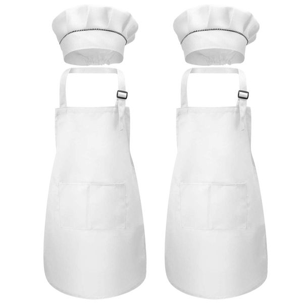 Disino 4 Pcs White Kids Apron and Chef Hat Set, Boys Girls Adjustable Aprons with 2 Pockets, Children Chef Apron Toddler Kitchen Garden Bib Aprons for Cooking Crafting Painting Baking (7-13 Year)