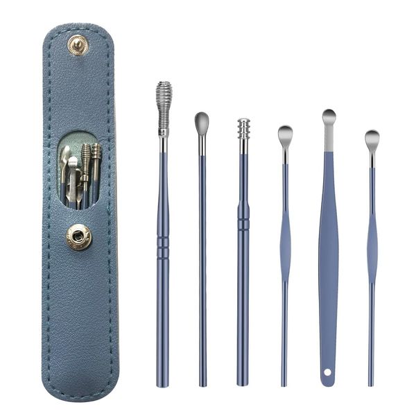 Ear Wax Remover,6 Pcs Premium Stainless Steel Ear Wax Removal Kit Ear Curette Ear Cleaner Tools for Children and Adult Earwax Removal Kit Cleaning Kit with Portable Bag (Blue)