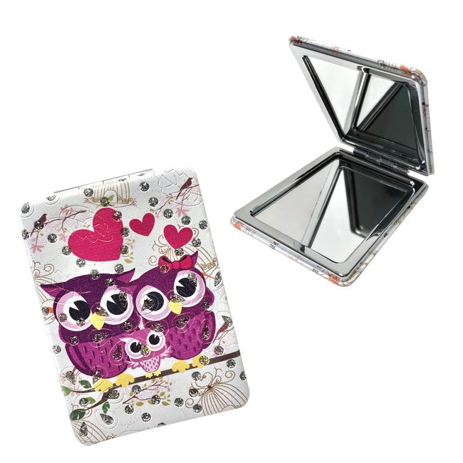 [Happy Owl] Compact Mirror, Hand Mirror, Portable, Folding Mirror, Hand Mirror, 1x &amp; 2x Magnification, Cute, Stylish, Owl (Design D)