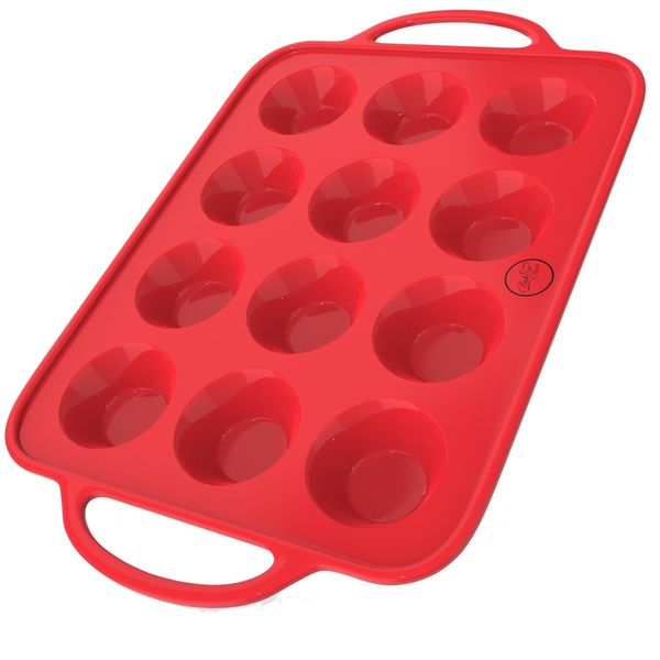 BAKE BOSS Silicone Mini Muffin Pan With Handles, 12 Cups Mini Cupcake Pan, Silicone Muffin Cups For Baking, Eggs & Cupcakes, Non-Stick Silicone Cupcake Molds Dishwasher Safe & BPA Free - Red Color