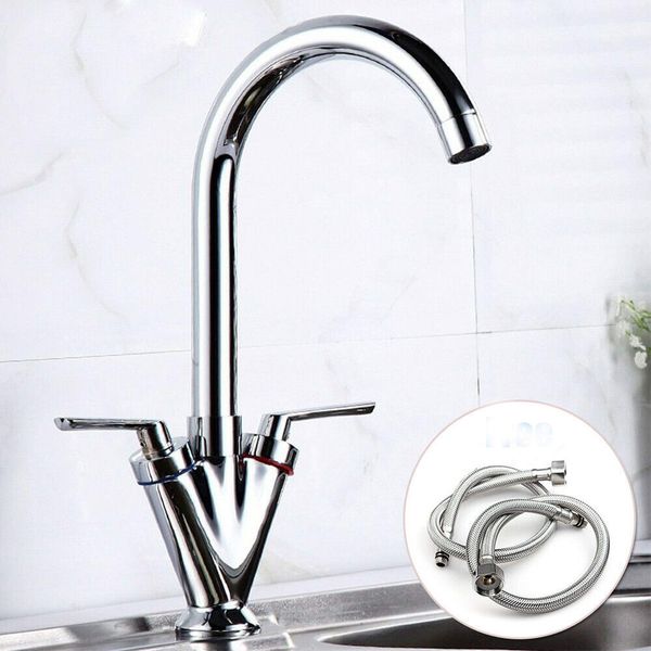 Kitchen Mixer Tap Traditional with Swivel Spout Monobloc Basin Taps Twin Lever Hot & Cold Water Control + Free Hoses