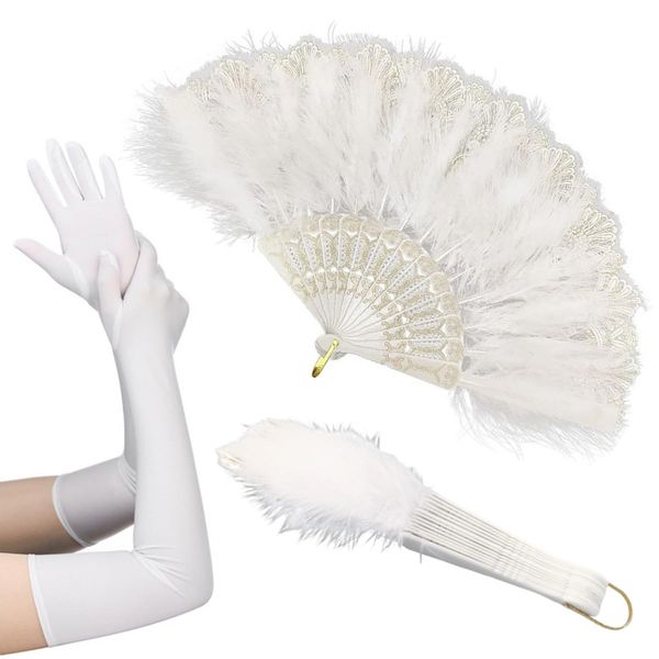 SamHeng Vintage Feather Fan & Satin Gloves, 1920s Style Folding Handheld Feather Fan Hand Fan Long Evening Gloves Elbow Gloves for Gatsby Party Dancing Wedding Prom Tea Party Photo Props (White)