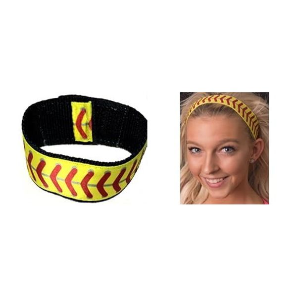 Sleeve Scrunchies Fastpitch softball (pair) and Headband (1) yellow with red softball stitching. (3 pieces total) Softball sleeve holders, softball headband,