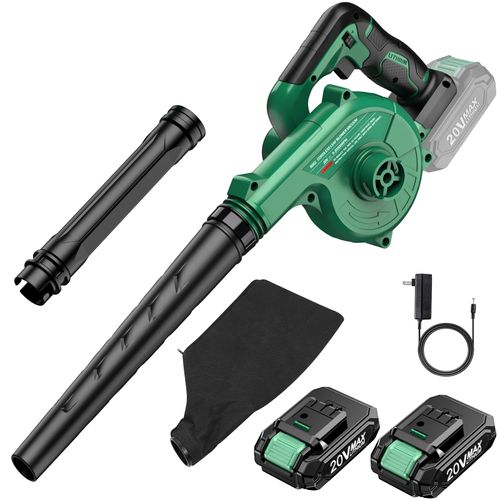 KIMO Cordless Leaf Blower & Vacuum with 2X2.0 Battery & Charger,2-in-1 20V Leaf Blower Cordless,150CFM Lightweight Mini Cordless Leaf Vacuum,Handheld Electric Blowers for Lawn Care/Dust/Pet Hair,Green
