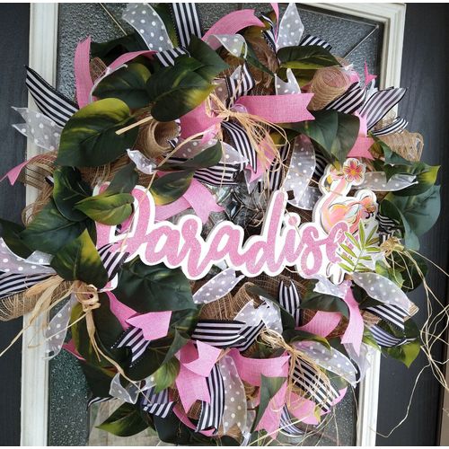 Tropical Flamingo Paradise Deco Mesh Front Door Wreath Summer Home Decoration