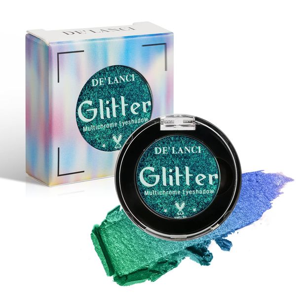 DE'LANCI Peacock Green Glitter Eyeshadow Single, Duo Chrome Blue Green Eye Shadow Palette Metallic Shimmery, Intense Color, Sparkly Emerald Green Multichrome Eyeshadow for Blue Green Eyes Makeup