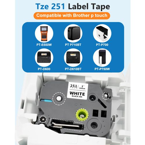 TZ Tape 24mm 0.94 Laminated White Compatible with Brother TZe-251 TZe251 P Touch Label Maker Tape 1 Inch Work with PTD600 PTD610BT PTP710BT PTP750W Ptouch Tape, 4-Pack