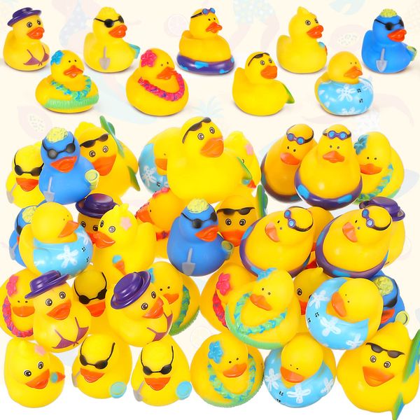 Lenwen 36 Pcs Summer Beach Surfing Small Rubber Ducks Float Mini Duck Bathtub Toys Summer Theme Novelty Funny Squeeze Duck for Birthday Party Favor Swimming Pool Bath Toy Decoration Gift Supplies