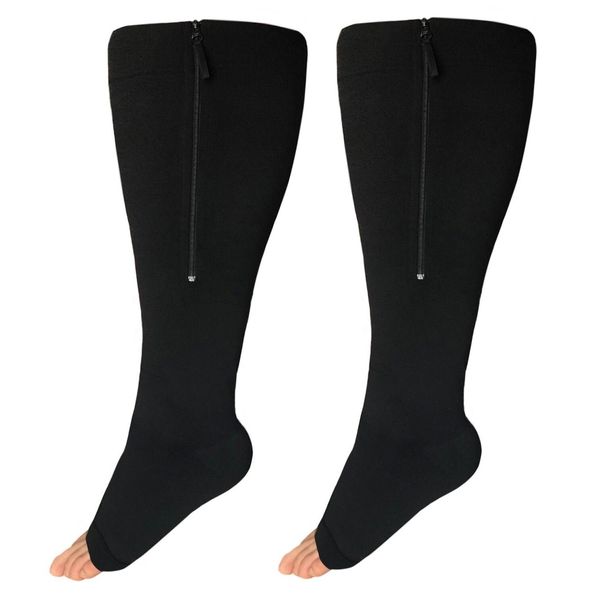 Runee Wide Calf Zipper Compression Socks, Open Toe, Extra Calf Support (Black)