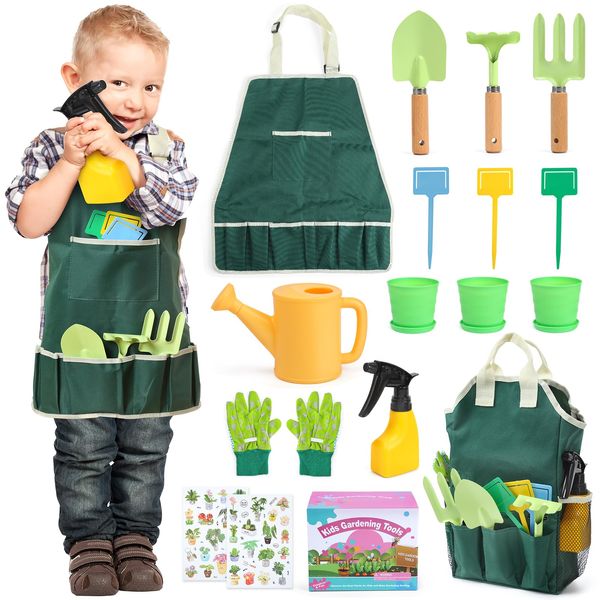 CUTE STONE Kids Gardening Tool Set, 20PCS Gardening Toys Includes Metal Rake,Fork,Trowel,Apron,Gloves,Watering Can,Tote Bag and Strickers, Garden Tool Kit for Kids, Outdoor Toys Gift for Boys Girls