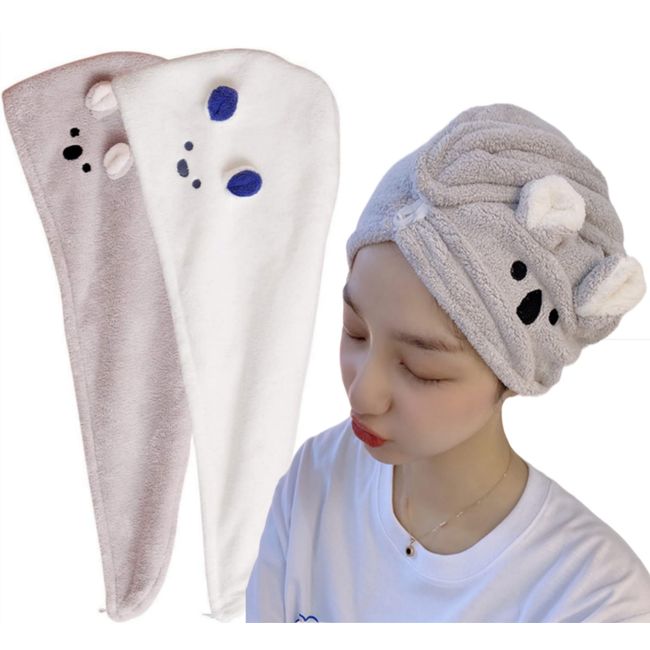 Hair Drying Towel, Dry Cap with Ears, Hair Cap, Quick Drying, Towel Cap, Lightweight, Strong Absorbent, Quick Drying, Hair Towel, For Adults and Children, Shower Cap, After Bathing, Fluffy Bath Supplies, Unisex, White & Gray