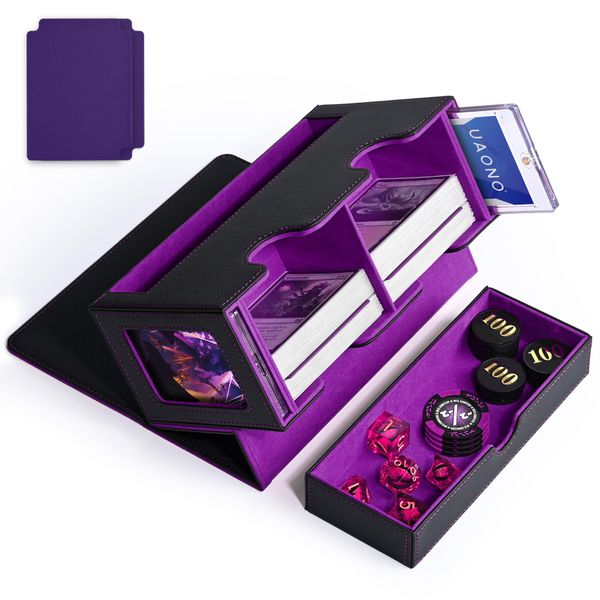 UAONO MTG Deck Box with 2 Commander Display and Dice Tray-Patented Design, Double Deck Box for 320+ Single Sleeved Cards, Leather Magnetic Card Storage Box Fits for TCG CCG Magic Cards (Black&Purple)