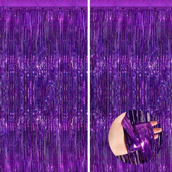 Purple Metallic Tinsel Foil Fringe Curtains, 2 Pack 3.3x8.3 Feet Party Streamer for Birthday Party Decorations, Halloween Decor, Foil Curtain Backdrop for Bachelorette Party