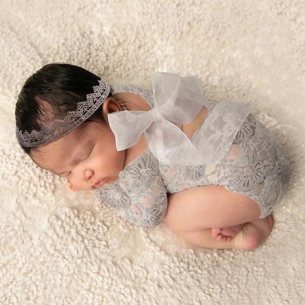 Baby Photography Props Outfit Lace Rompers Newborn Girl Photo Shoot Outfits Flower Headband Princess Costume (Grey C)