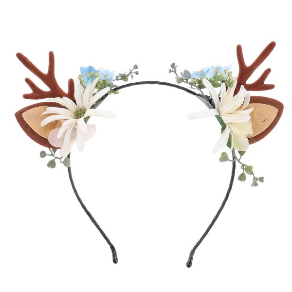 minkissy Christmas Reindeer Antler Headband, Floral Deer Ears Brown Hair Band Fashion Headdress Party Headwear Christmas Headband for Women