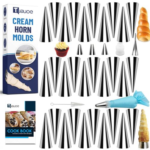 Tuauoe Cream Horn Molds for Baking, 38pcs Horn Forms Set, Non-stick Stainless Steel 30pcs Cone Shaped with Cleaning Brush, Piping Tip, Piping Bag, for ice Cream Cones, Puff Pastry, Baking Cones