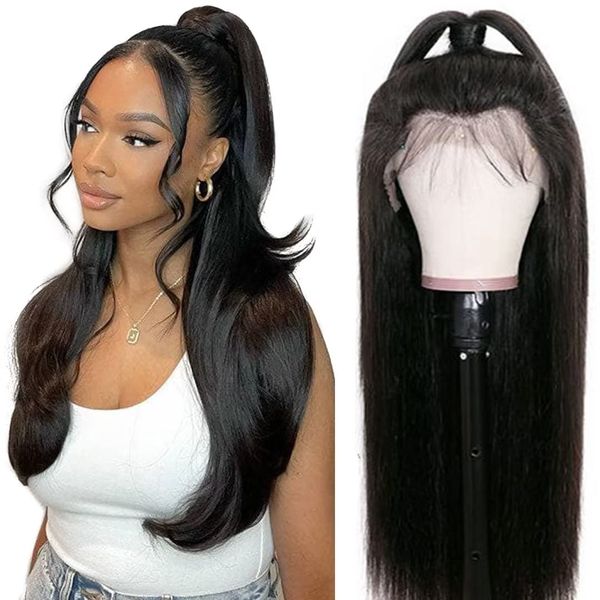 RXY 13x6 Echthaar Perücke Straight HD Lace Front Wig Human Hair 100% Brasilianisches Perücken Echthaar Damen mit Babyhaar Glueless Wigs 16 Zoll(41cm)