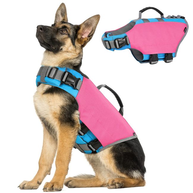 VavoPaw Hund Schwimmweste, Reflektierende Hundeschwimmweste Einstellbare Rettungsweste Ripstop Lifesaver mit Starkem Auftrieb und Rettungsgriff Hunde Schwimmhilfe zum Schwimmen, Bootfahren, XL Rosa