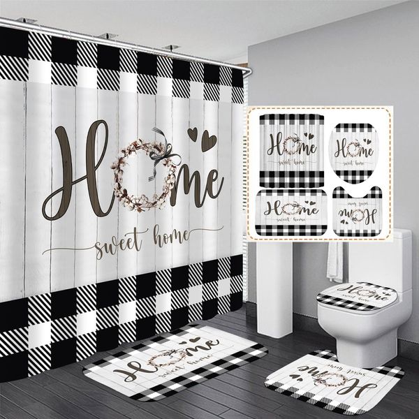 FZDHHY Black and White Shower Curtain Set Home Sweet Home Bathroom Sets with Rugs,Rustic Plaid Bathroom Shower Curtain Set with Carpet Bath Mat Toilet Rugs