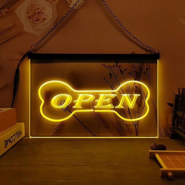 Open Dog Bone Pet Shop LED Neon Light Sign Dog Grooming Display Wall Art Décor