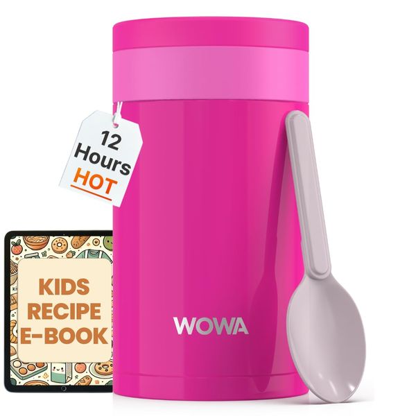 WOWA 450ml Kids Stainless Steel Thermos Food Flask for Hot & Cold Food with Spoon - Wide Mouth 100% Leakproof Food Flasks for Hot Food Kids - Easy Open Lid Insulated Thermo Food Jar for Children…