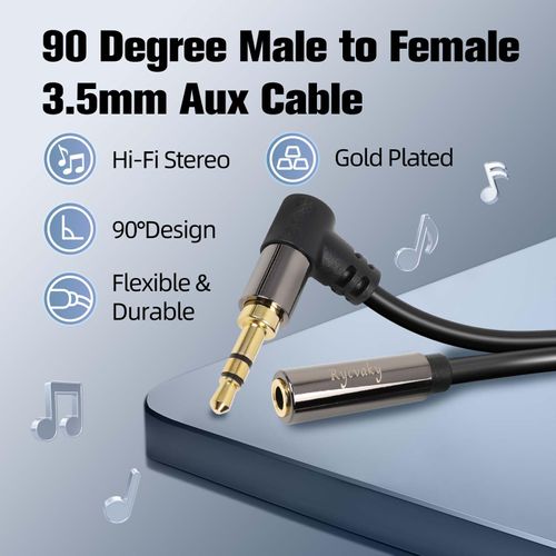 rycvaky Aux Audio Headphone Extension Cable, 3.5mm Aux Audio Cable, 90 Degree Male Plug to Female, Gold Plated Connectors, OFC Core, Perfect for Headphones, Car, 50ft/1 Pack