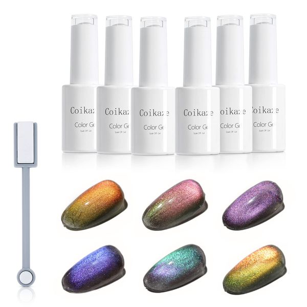 Coikaze Magnetic Gel Gel Gel 6 Color Set Galaxy Color Gel, Cat Eye, UV and LED Compatible (9D Magnet Gel)